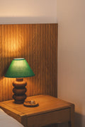 Sculptural Table Lamp — Wood & Green Linen
