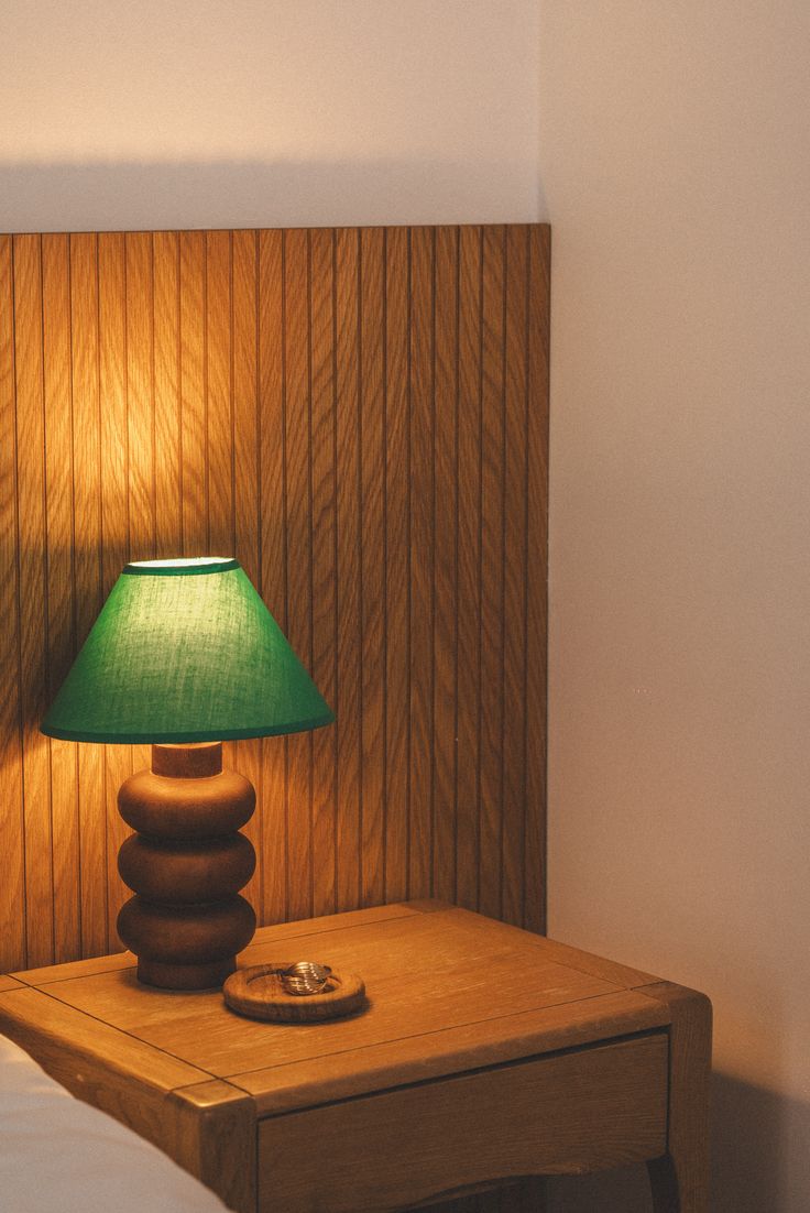 Sculptural Table Lamp — Wood & Green Linen